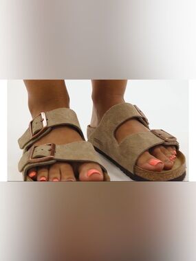 Birkenstock ArizonaSuede Double-Buckle Slide Sandals - Taupe
